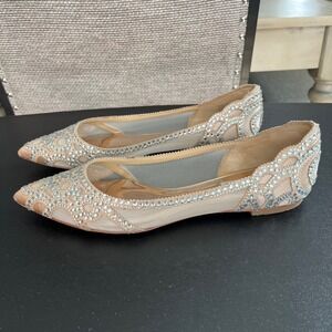Badgley Mischka Crystal Pointed Toe Mesh Flats Nude Satin 8.5 Wedding Shoes
